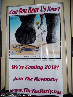political cartoon of elephant stepping on donkey holding a Tea Party flag and heading towards Obama the caption says Next Step 2012 Join the Movement